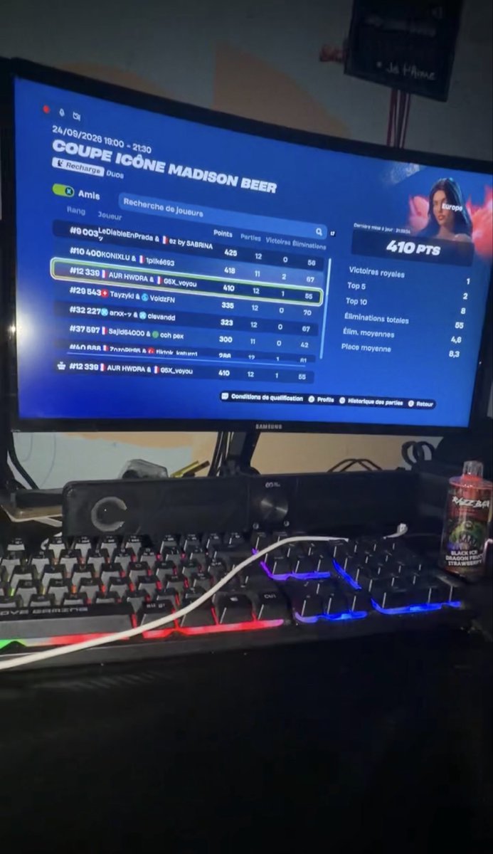 AURHWDRA's tweet photo. Dommage 410 point top 12 339 pas grave on vas revenir dans la prochaine cup duo 🤫😈 https://t.co/c4NUGSSx9e