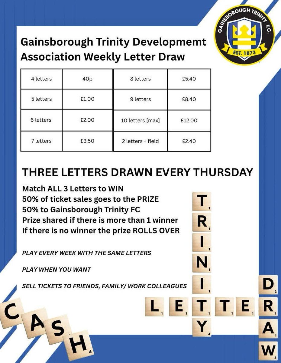 SteveOnTrent's tweet photo. 24/9/26
@GainsTrinityFC letter draw
EFH, 2 winners, Β£135 each.
Thanks for your support.
#TrinityFC1873 https://t.co/QVKhD8eFTy
