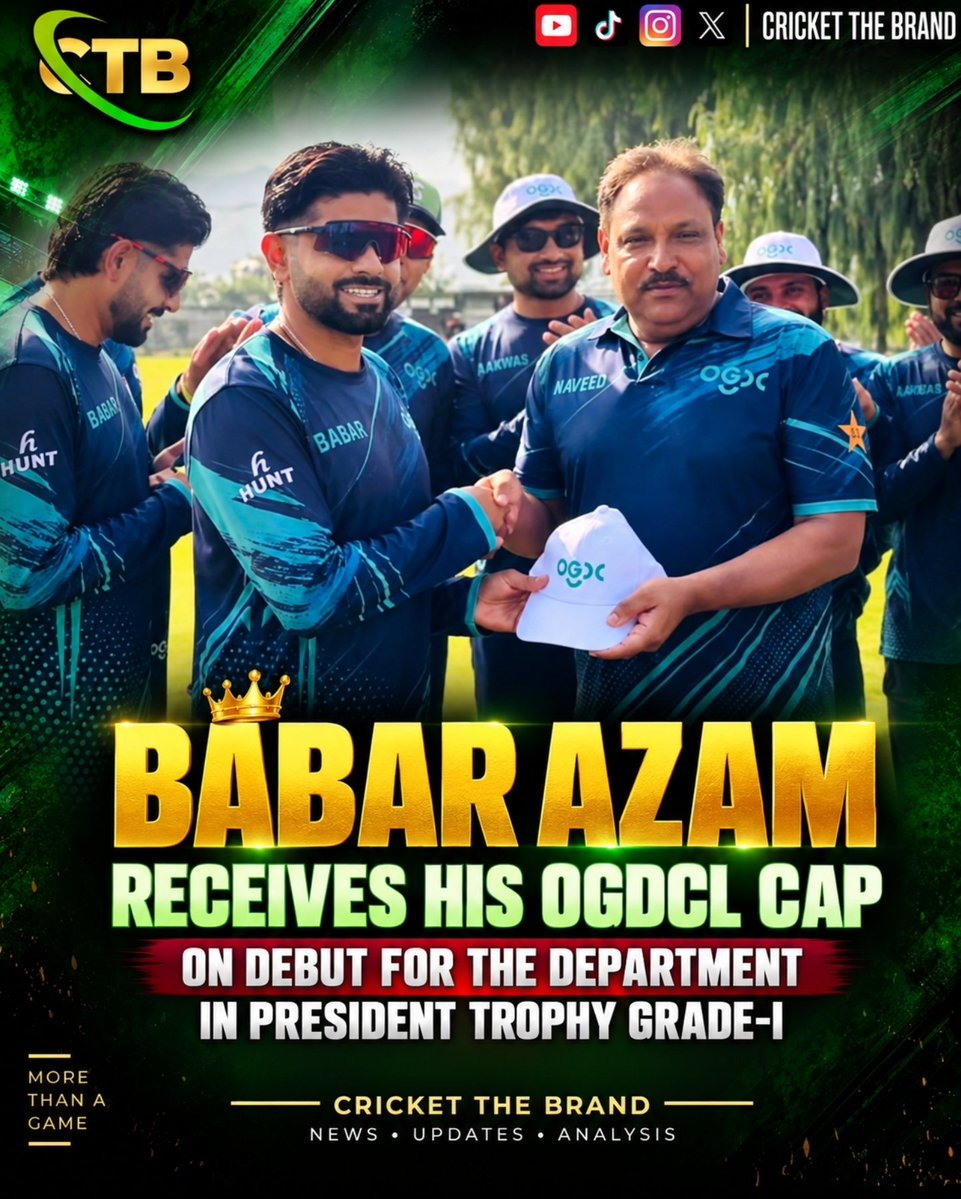 CricketTheBrand's tweet photo. Babar Azam receives his OGDCL cap! 🇵🇰👑
A special moment as Babar makes his debut for the department in the President’s Trophy Grade-I. 🏏🔥

#BabarAzam #PakistanCricket #PresidentsTrophy #OGDCL #CTB https://t.co/hgDYHJ6IeN