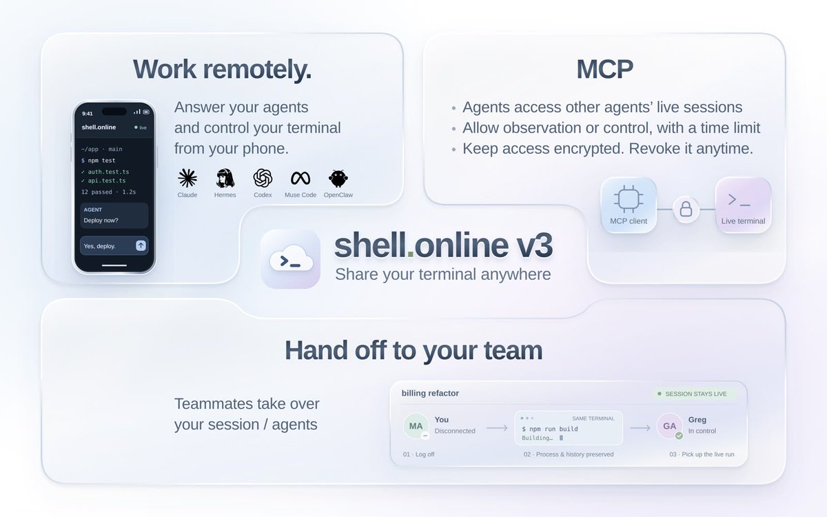 pilotprotocol_'s tweet photo. Your laptop is the bottleneck.

That’s why we're launching https://t.co/SfetzPjm67 v3.

What's new:

Run everything from one app. Every agent on every machine, in one list on your phone. Jump between sessions and answer them from anywhere. Claude Code reads like a chat.

Sessions that help each other on the fly. Over MCP, your agent can pull answers straight out of your team's live sessions mid-task: the failing test, the deploy error, the fix someone's agent already found.

Hand off without stopping. Pass a running agent to a teammate when you log off. It keeps going.

Private by default. It all runs on your machines, end-to-end encrypted. You choose who sees what.

Free and open source.