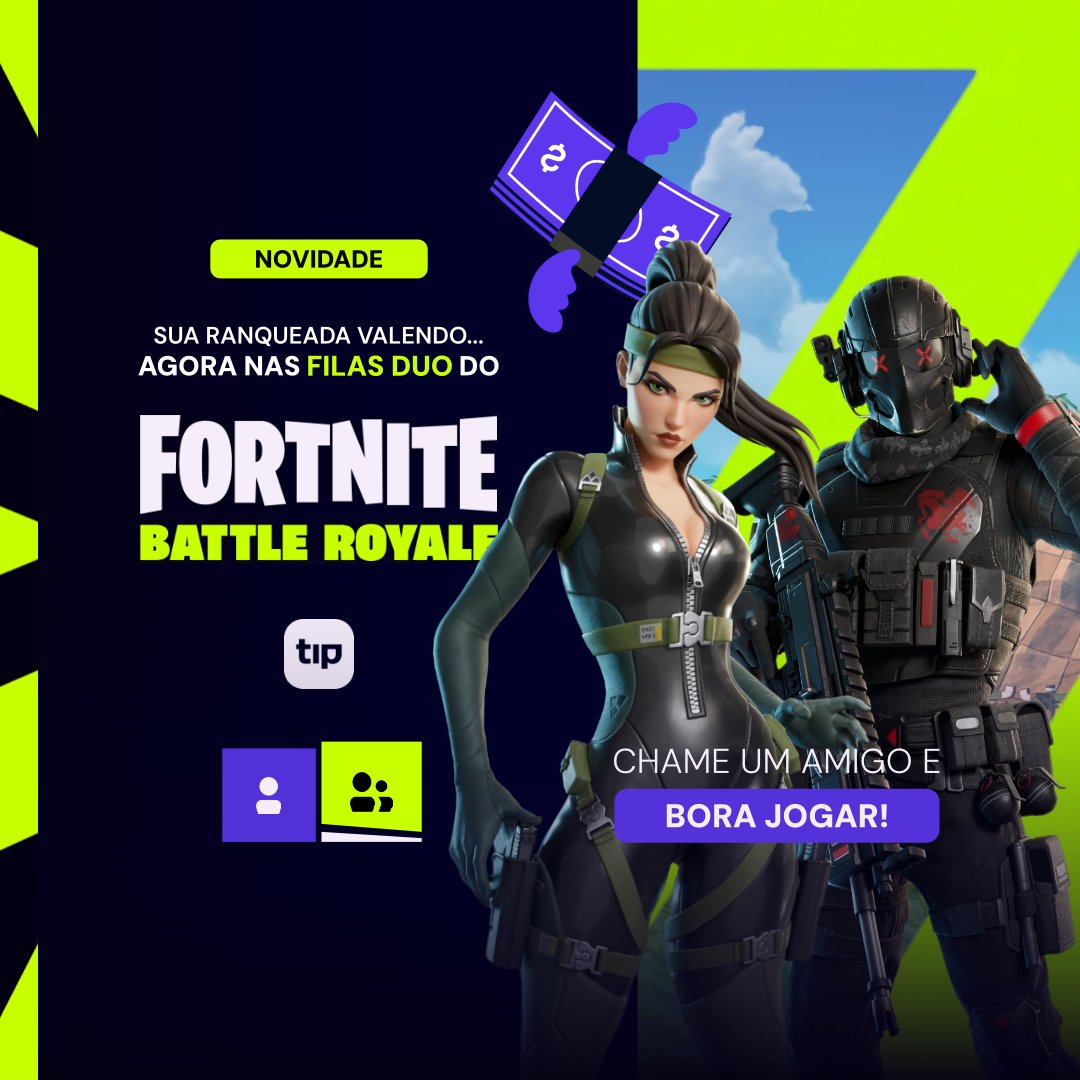 tipspace's tweet photo. Com a partida valendo grana, é hora de chamar o reforço...

As filas ranqueadas DUO do FORTNITE Battle Royale nos modos Construção e Trocação estão habilitadas na Tipspace! 🔥

Já manda um zap pra sua dupla e fala que é assunto sério: Vitória Royale e grana no bolso com a Tips 💸