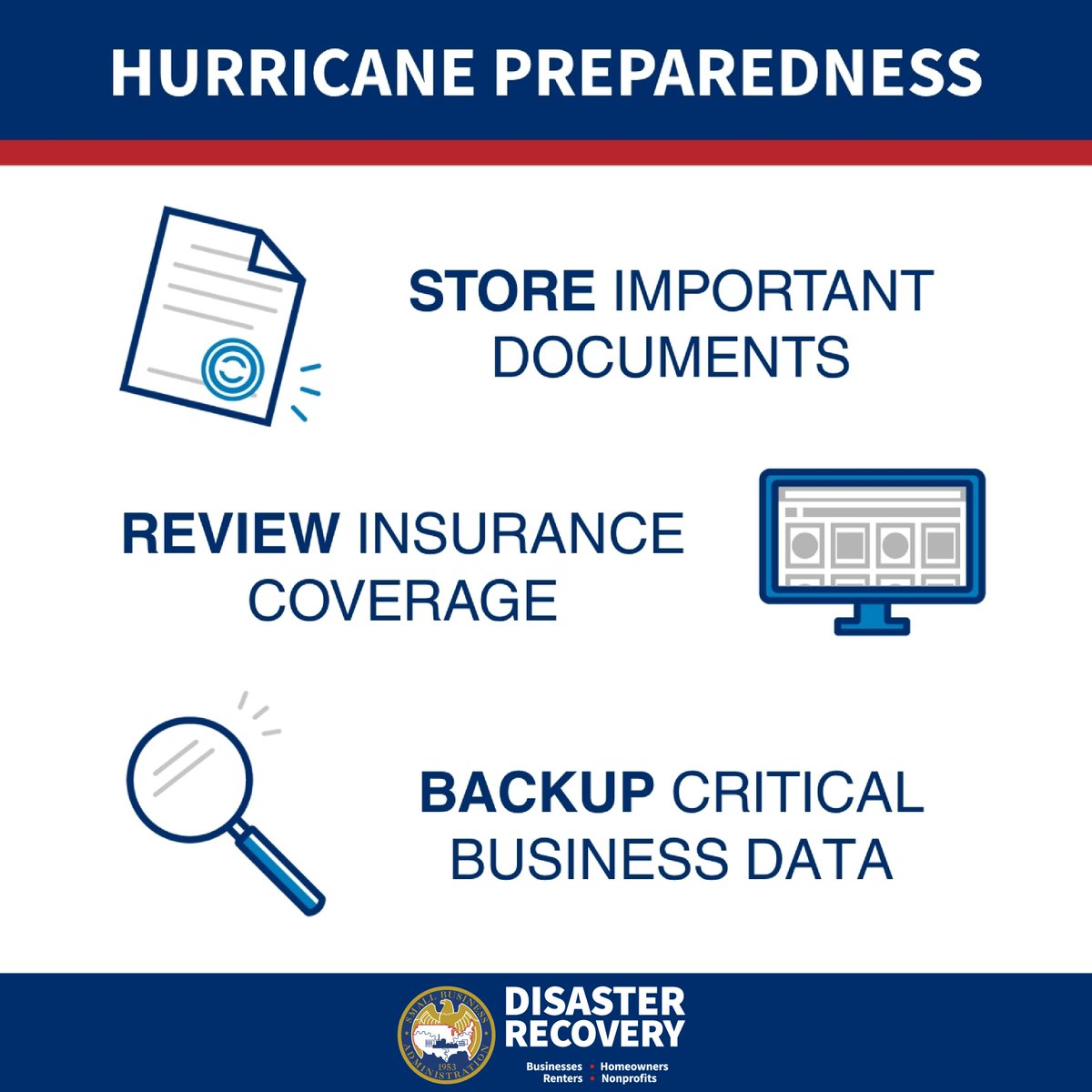 SBA_ODR's tweet photo. Make it a goal today to go over your #hurricane preparedness checklist: 
  
☑️Store important documents 
☑️Review insurance coverage 
☑️Backup critical business data 
  
For more on how SBA can help you prepare: https://t.co/jT63iC7fub https://t.co/eINBXc8rhs