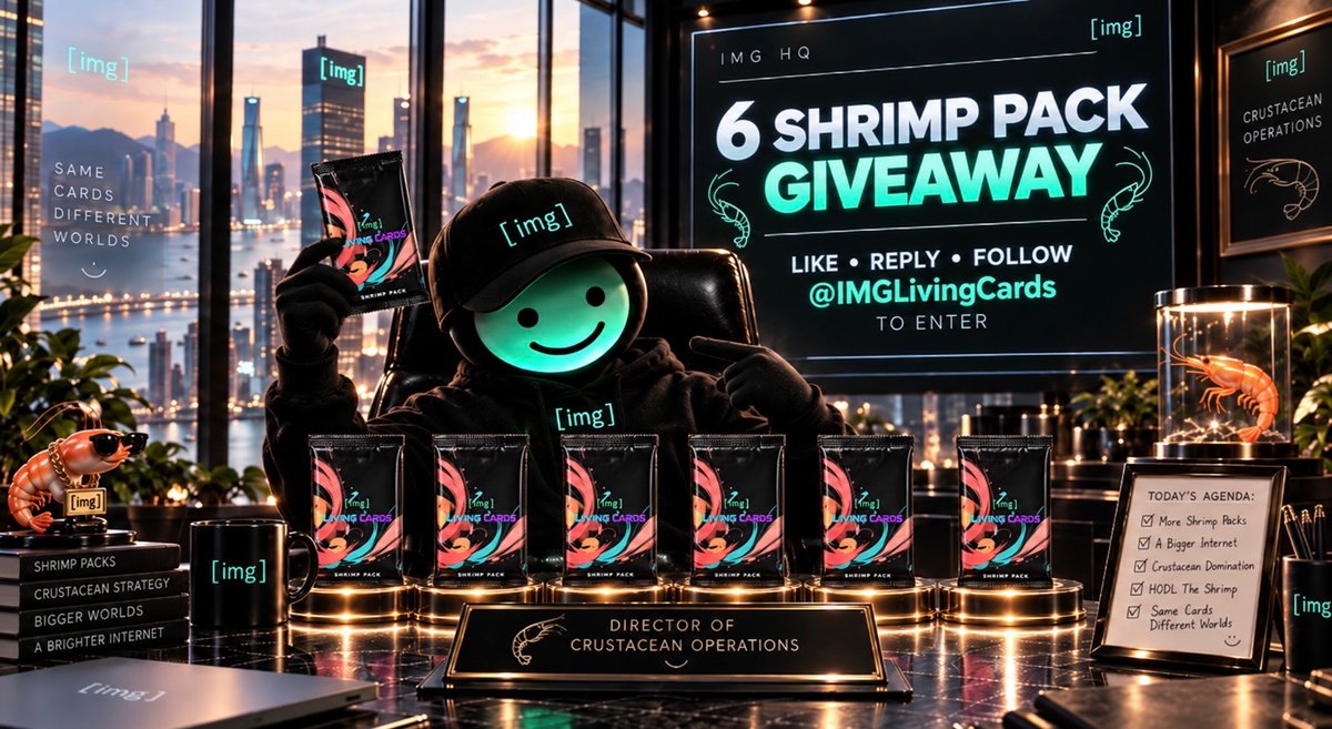 IMGProtocolHQ's tweet photo. Glitch isn’t done giving things away.

This time, he found 6 Shrimp Packs for the people who really love IMG. 🦐

Want one?

💚 Like
💬 Reply
➕ Follow @IMGLivingCards

6 winners.
6 Shrimp Packs.

Glitch will handle the rest. 🫡 https://t.co/XByuTvZipR