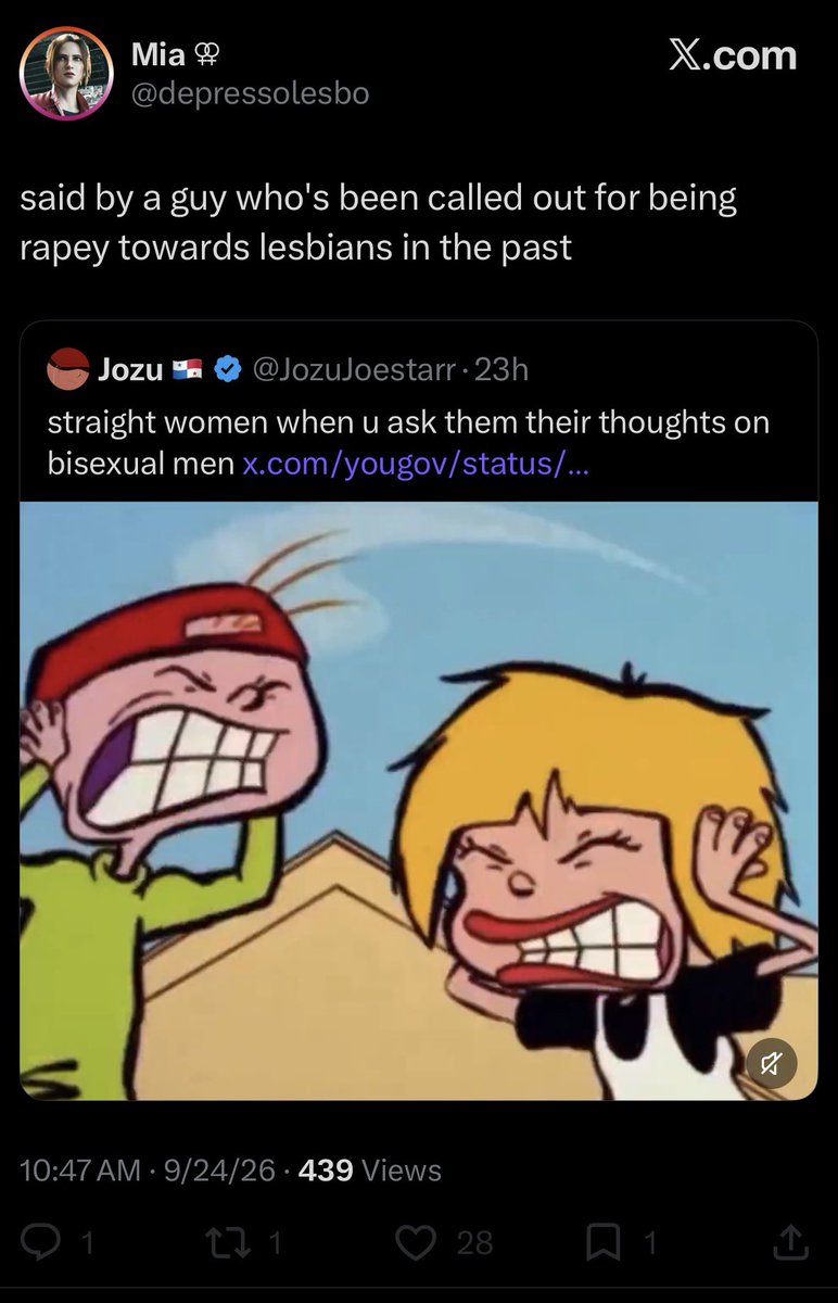 JozuJoestarr's tweet photo. “for being rapey towards lesbians in the past” 

the tweet in question: https://t.co/grqO9ZZKug