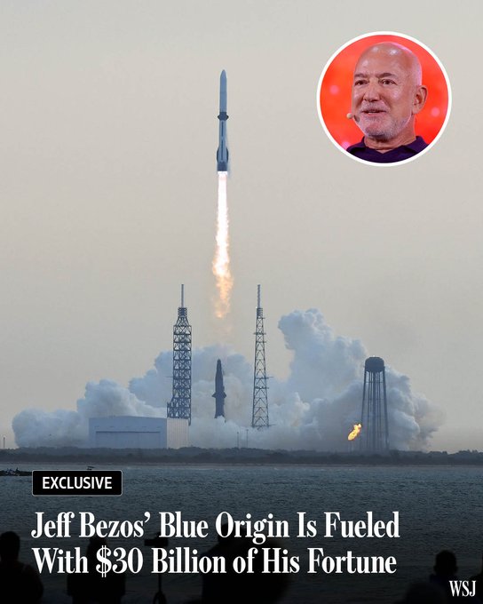 The image depicts a Blue Origin rocket launch at a coastal launch pad, accompanied by an inset of Jeff Bezos and a headline reading "Jeff Bezos' Blue Origin Is Fueled With $30 Billion of His Fortune." The accompanying post uses this $30 billion figure to highlight Blue Origin's high capital investment as a contrast to SpaceX's more capital-efficient development of orbital-class reusable boosters.