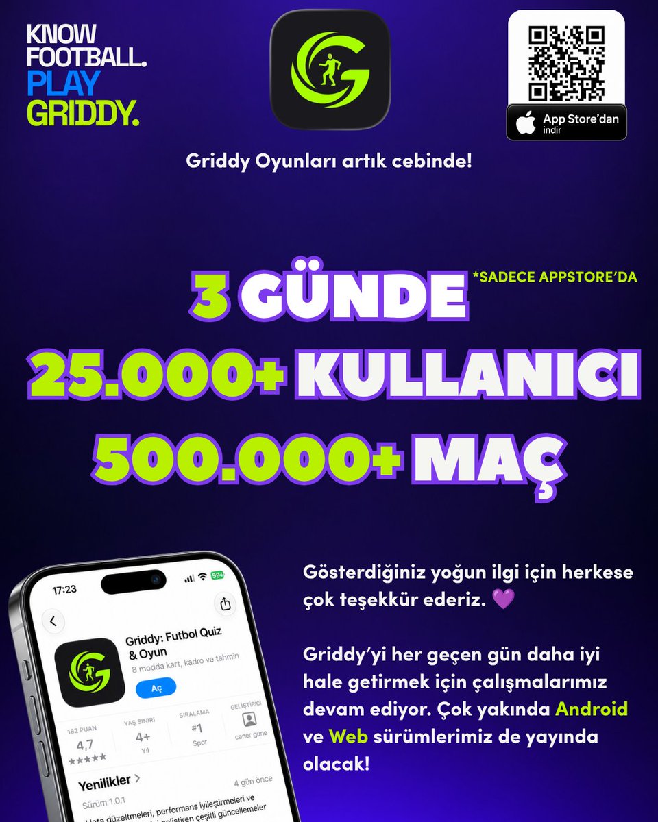 griddygames's tweet photo. Griddy’de ilk 3 gün geride kaldı! ⚽️

İlk günden beri oynayan, arkadaşlarını davet eden ve görüşlerini paylaşan herkese teşekkürler. Daha yeni başlıyoruz!
Aramıza sen de katıl, ilk maçını yap 👇
https://t.co/AzDufTkwez https://t.co/tnzLH0VS6s