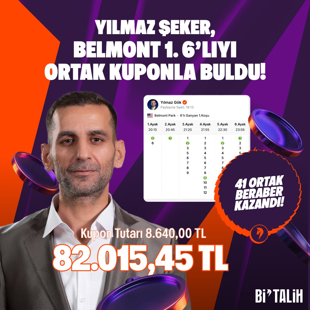 bitalih_tr's tweet photo. Yılmaz Şeker paylaştı 41 ortak toplam 82.015,45 TL kazandı! 🎉

@yilmazseker5414'ün Belmont 1. 6'lıya hazırladığı ortak kuponu kazandırdı!

🏇At yarışı oynuyorsan Bİ'TALİH'İN OLACAK!

📲 https://t.co/Cenqy4Cj8Y https://t.co/6D0zkn1AXj