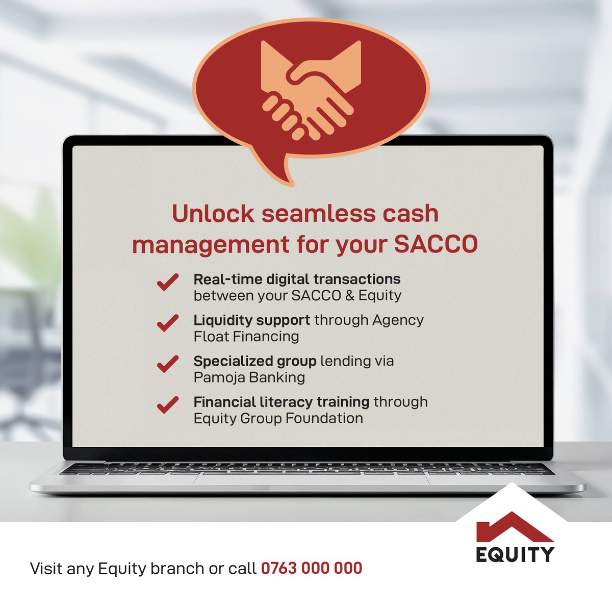 KeEquityBank's tweet photo. The most forward-thinking SACCOs are partnering strategically. An Equity Bank partnership gives your SACCO a direct connection to liquidity support, group lending through Pamoja Banking and capacity building through Equity Group Foundation.