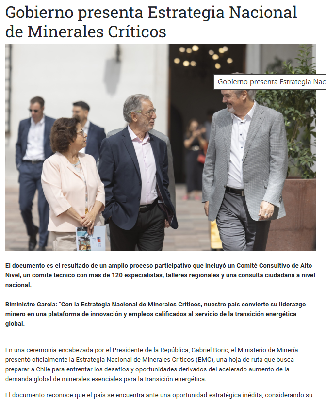 patriciolepe's tweet photo. 5/6
Ene. 2026: Boric presenta la Estrategia Nacional de Minerales Críticos. Chile identifica 14 minerales y adopta oficialmente el lenguaje de “socio confiable”, resiliencia, cadenas globales de suministro y “diplomacia de los minerales”. https://t.co/US7v6PwJkA