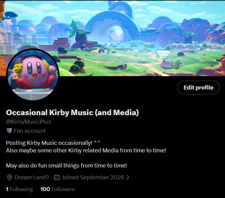 KirbyMusicPlus's tweet photo. Thank you all for 100 followers!
I didn't expect that many people to follow that fast, so thank you all!
To celebrate, I will be opening a suggestion form soon to see which songs people would like to see! https://t.co/F1e7Vi2cDX
