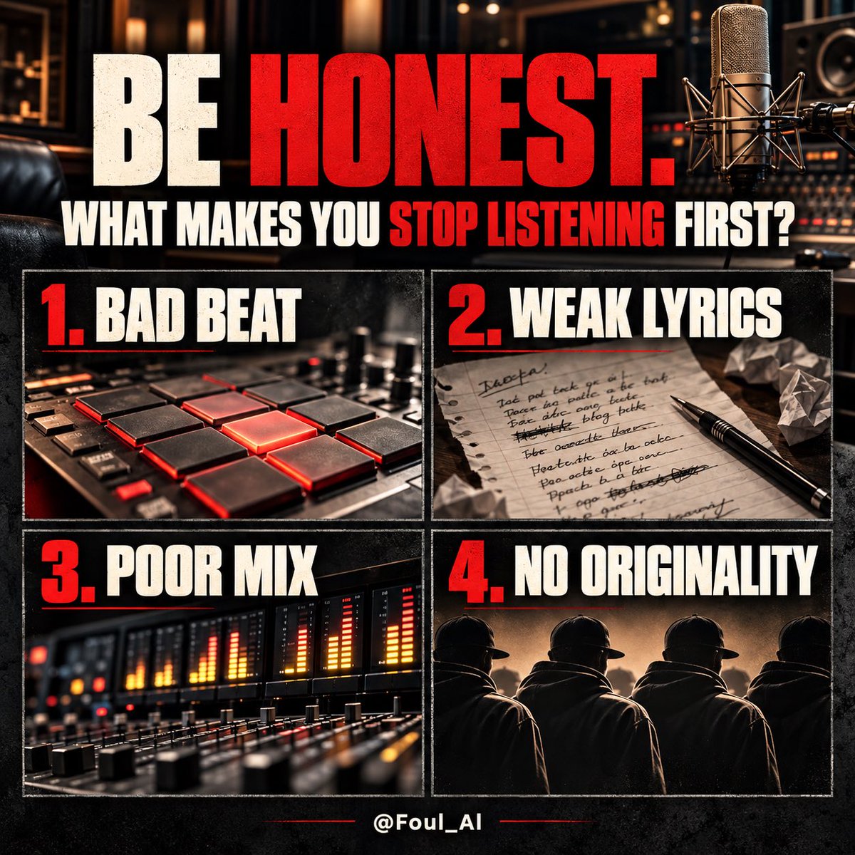 Foul_Al's tweet photo. Think about the last song you skipped…

What made you stop listening first?

1️⃣ Bad beat
2️⃣ Weak lyrics
3️⃣ Poor mix
4️⃣ No originality

Your first instinct is probably your real answer. Drop the number below—then tell us why. 👇🏽

#FoulAl #HipHopDiscussion #MusicTalk https://t.co/t2cab6qUYq