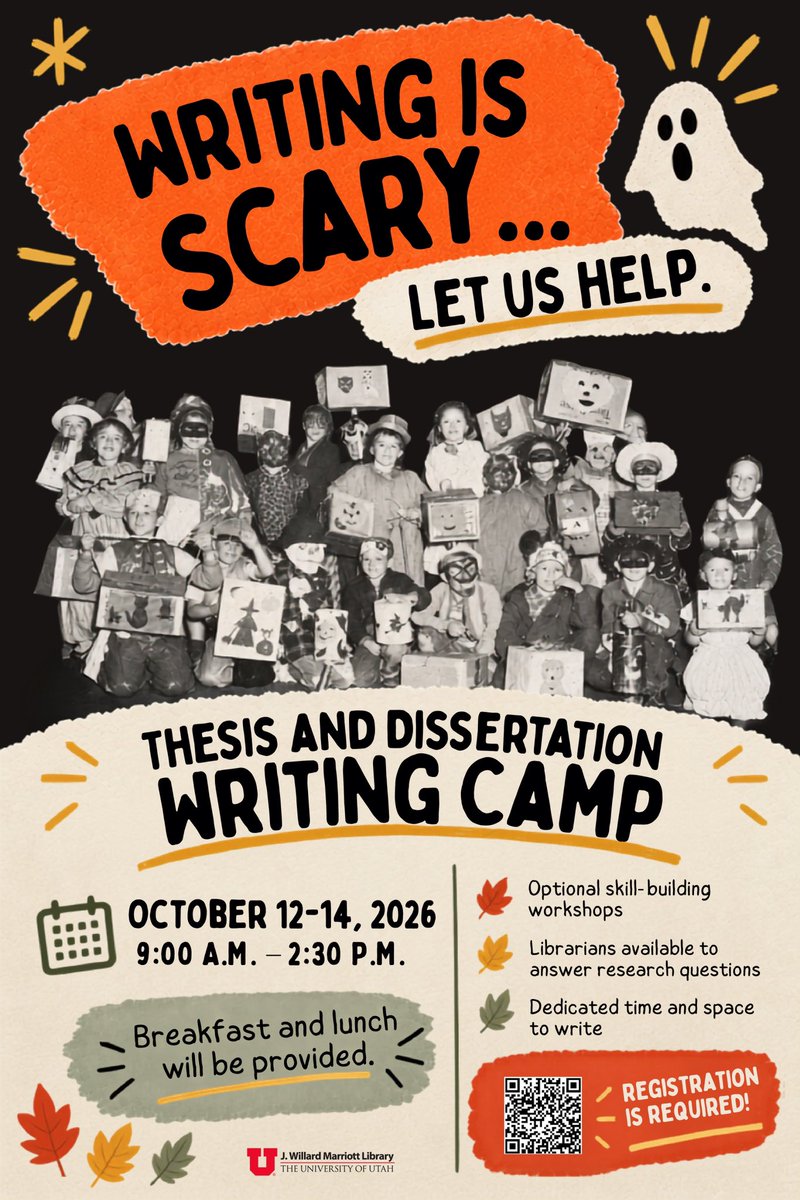 MarriottLibrary's tweet photo. Our Graduate Student Dissertation &amp; Thesis Writing Camp is less than a month away! 🎃✨

Join your fellow graduate students in this self-paced writing event and make a serious dent in your thesis or dissertation. 👻

Register now: https://t.co/9TTx4iAd3v https://t.co/7SMJOLHB2U