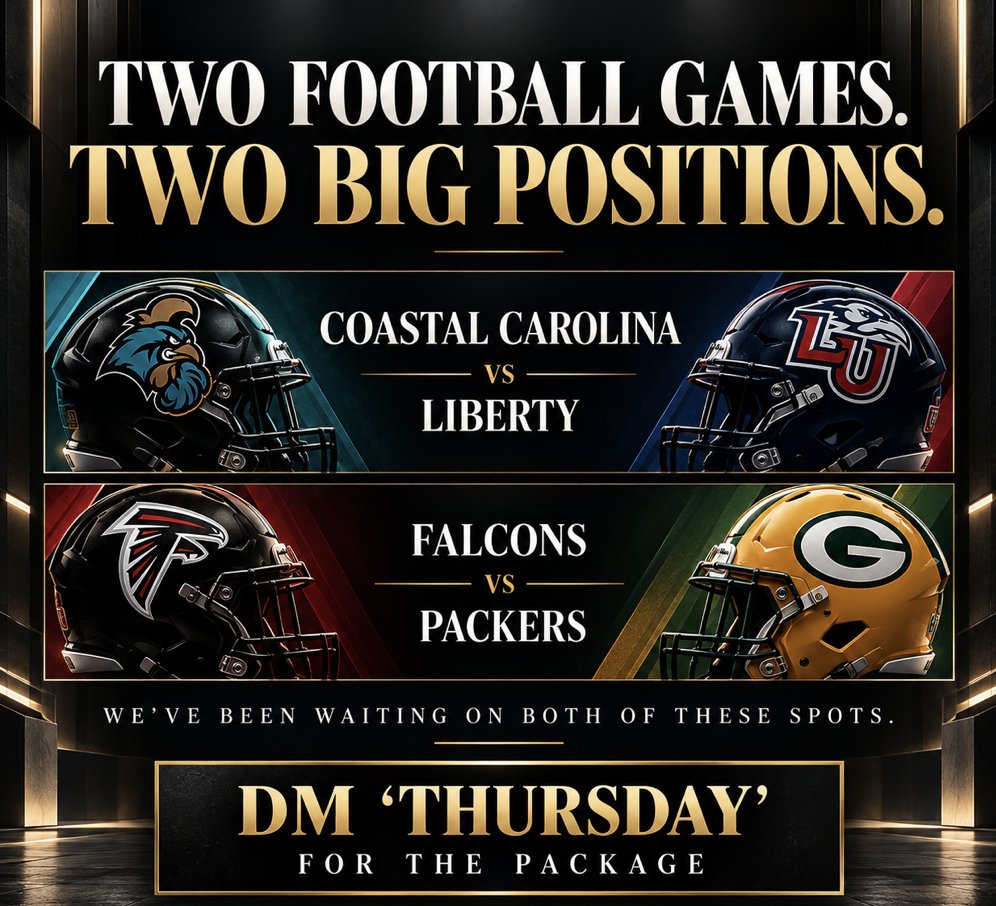 EdgeDeskHQ's tweet photo. TWO FOOTBALL GAMES. TWO BIG POSITIONS.

🔒Coastal Carolina vs. Liberty🔒
🔒Falcons vs. Packers🔒

We’ve been waiting on both of these spots.

If you want both plays and the full writeups tonight, Like this post ❤️and DM “THURSDAY” for the package.

We're going to have a BIG NIGHT.