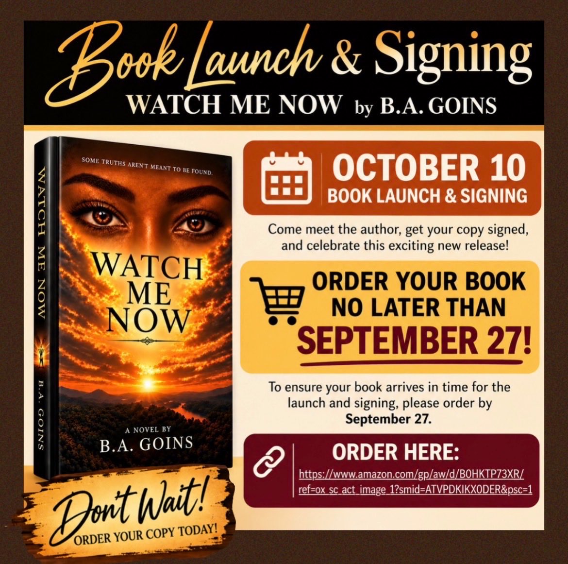 BAGoins72's tweet photo. 🗓️ Mark your calendars!

🚨 ORDER YOUR BOOK NO LATER THAN SEPTEMBER 27!

ORDER HERE:
👉 https://t.co/F7YrRxiExW

💨 Ordering by September 27 will give your book the best chance of arriving in time to bring with you to the BOOK LAUNCH &amp; SIGNING on October 10
 #book #read #author https://t.co/TZw2t2Nsh6