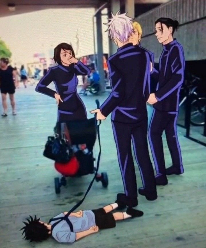 withistreasure's tweet photo. oh I’m so sure megumi was a backpack leash kid and they were discussing who would babysit him next 😭 https://t.co/ohPVaDNJUc