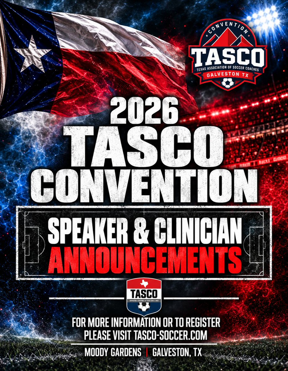 tascosoccer's tweet photo. Who's ready for Convention Speaker & Clinician Announcements?
Dropping our first one later today...it's a banger!!
#TASCOCon26 #TXHSSOC https://t.co/q5CWC8DOpu