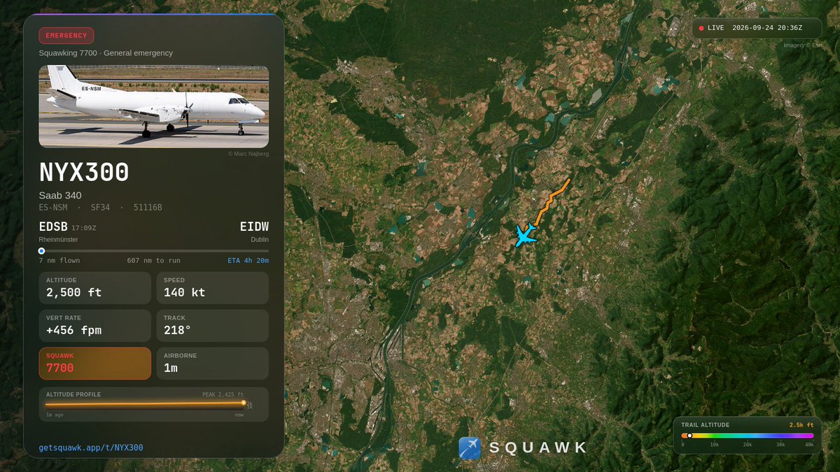 UseSquawk's tweet photo. 🚨 A SAAB 340 (NYX300) is squawking 7700 — declaring an emergency at 2,300 ft near Zurich, Switzerland. https://t.co/73aEmkvKh5