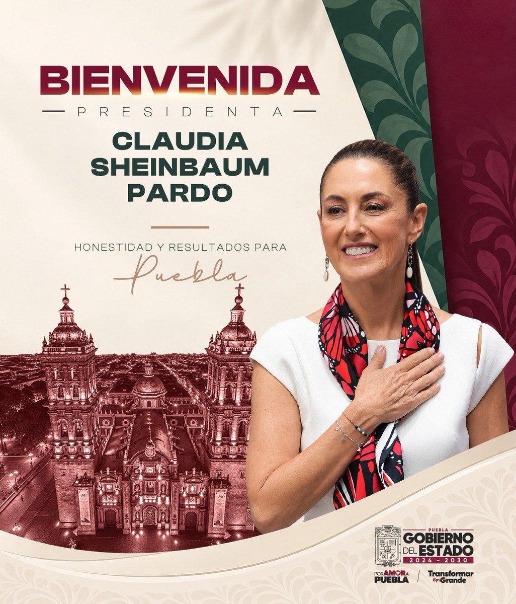 migrantepoblano's tweet photo. #BienvenidaPresidenta Dra. Claudia Sheinbaum Pardo

Hoy más que nunca, en Puebla caminamos con paso firme por la ruta del bienestar, la educación y la seguridad, inspirados por su liderazgo.

¡Es un honor recibirla en nuestra tierra!
@Gob_Puebla https://t.co/xrBAUVmzar