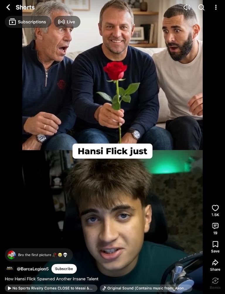 PerSec19's tweet photo. @TeamYouTube @reneritchie Please check channel @BarcaLegion5. They are gaming the Shorts algorithm by using defamatory, AI-generated fake photos of Messi &amp; Hansi Flick with Jeffrey Epstein to farm shock views. One video has 22k+ likes. Severe violation of your AI/Safety policies. https://t.co/AcstxIHUnQ