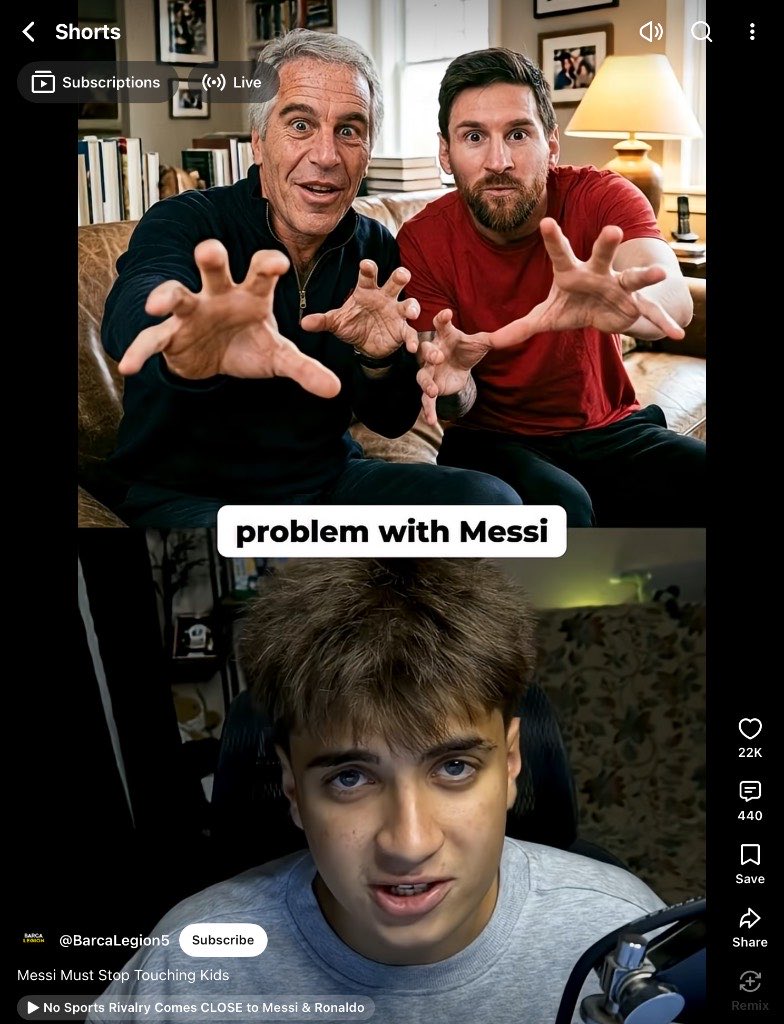 PerSec19's tweet photo. @TeamYouTube @reneritchie Please check channel @BarcaLegion5. They are gaming the Shorts algorithm by using defamatory, AI-generated fake photos of Messi &amp; Hansi Flick with Jeffrey Epstein to farm shock views. One video has 22k+ likes. Severe violation of your AI/Safety policies. https://t.co/AcstxIHUnQ