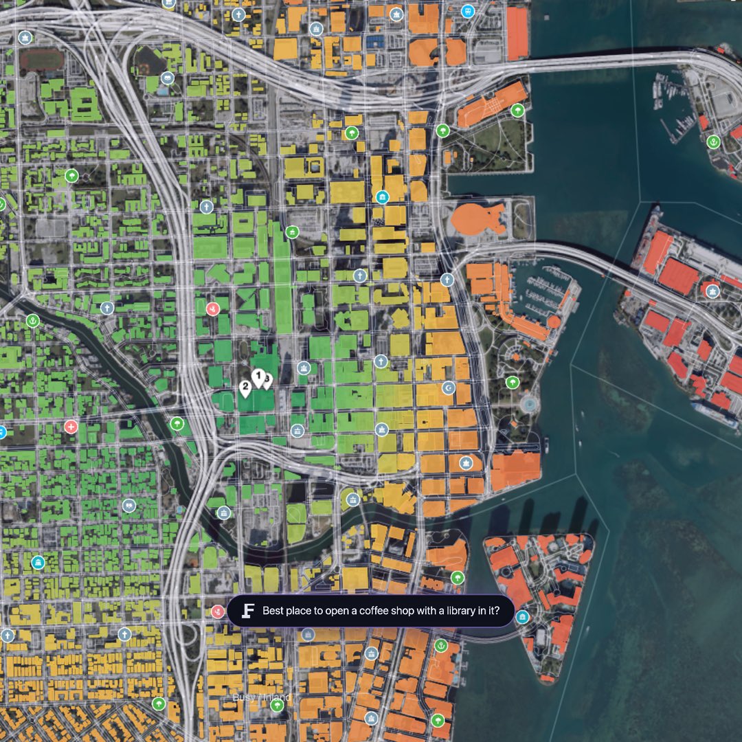 Footinghq's tweet photo. 🌎 We score countries, regions, and towns. Now down to the plot.

We asked: “Best place for a coffee shop with a library in Miami?”

Green good, red bad, pins mark the top plots.

Opening, moving, or expanding a business? Ask Footing. https://t.co/zM1STdYV8Q