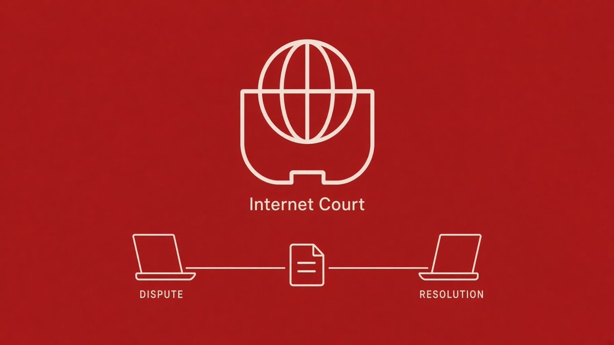 Internet Court diagram showing a dispute flowing through bundled evidence into a resolution step for autonomous-program commerce