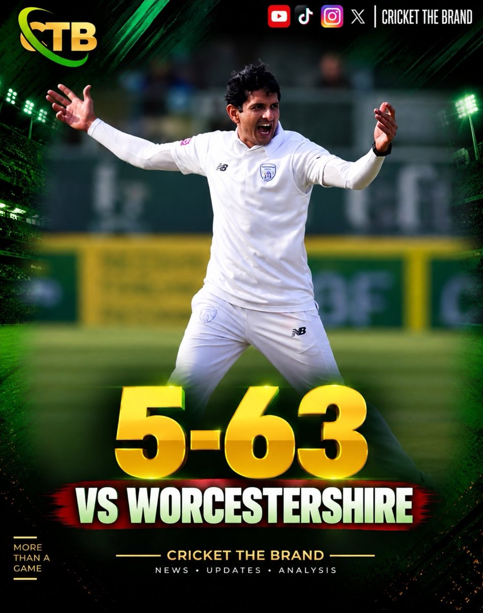 CricketTheBrand's tweet photo. Brilliant bowling figures of 5/63 against Worcestershire! 🔥🏏
A stunning five-wicket haul in the County Championship. 👏

#Cricket #CountyCricket #Worcestershire #PakistanCricket #CTB https://t.co/sdZfks5lpH