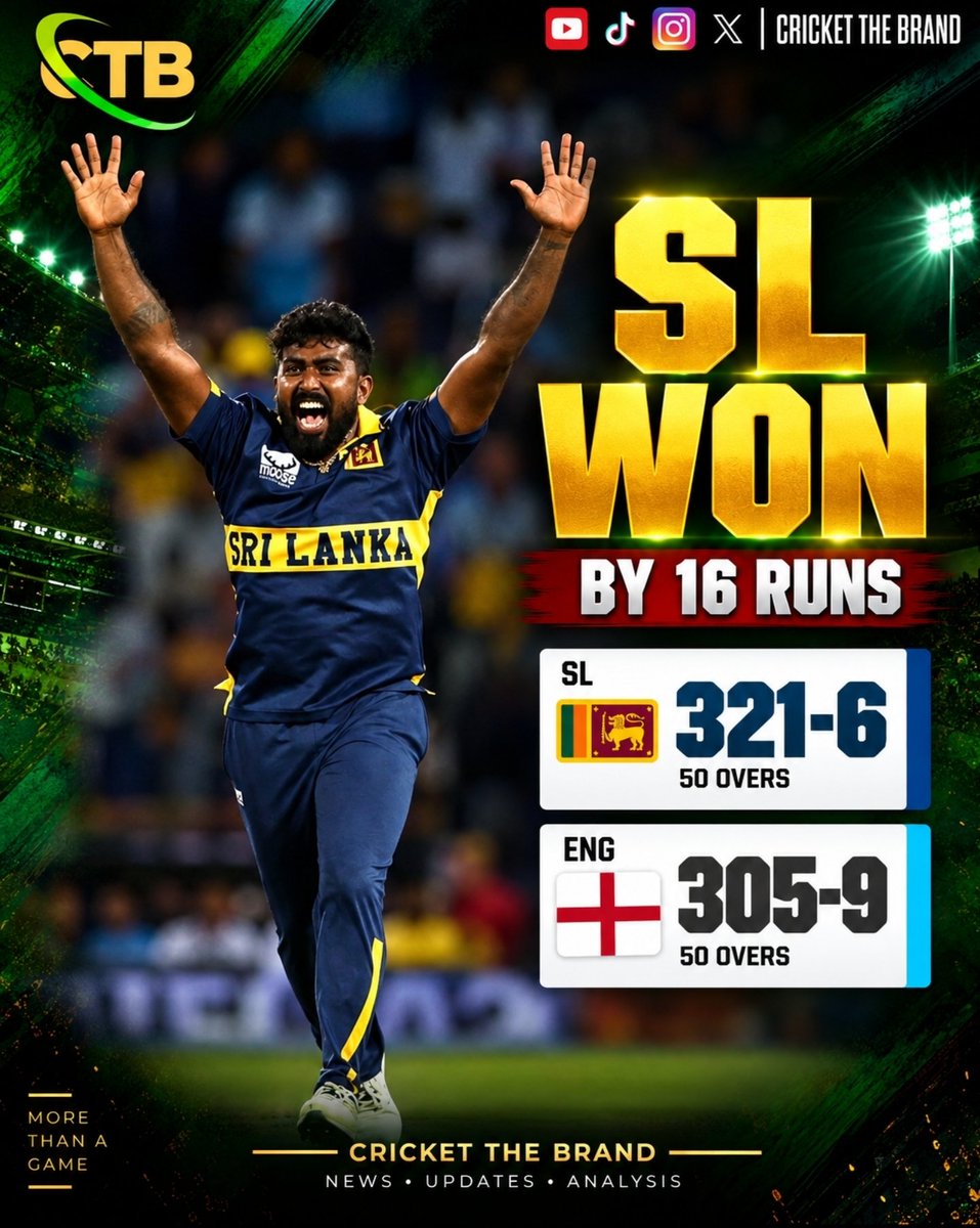 CricketTheBrand's tweet photo. Sri Lanka beat England by 16 runs! 🇱🇰🔥
Sri Lanka posted 321/6 before England finished on 305/9 in 50 overs. 🏏
#SLvsENG #SriLankaCricket #EnglandCricket #ODICricket #CTB https://t.co/JM0KOj3UJD
