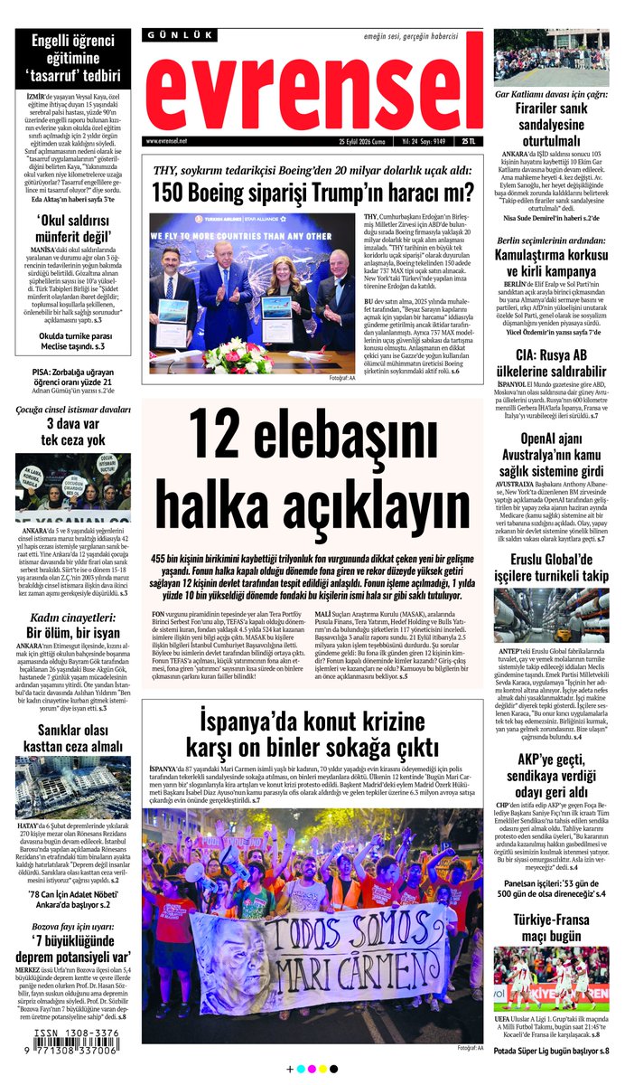evrenselgzt's tweet photo. ✒️12 elebaşını halka açıklayın

455 bin kişinin birikimini kaybettiği trilyonluk fon vurgununda dikkat çeken yeni bir gelişme yaşandı. Fonun halka kapalı olduğu dönemde fona giren ve rekor düzeyde yüksek getiri sağlayan 12 kişinin devlet tarafından tespit edildiği anlaşıldı. Fonun işleme açılmadığı, 1 yılda yüzde 10 bin yükseldiği dönemde fondaki bu kişilerin ismi hala sır gibi saklı tutuluyor

Evrensel bugün bayilerde