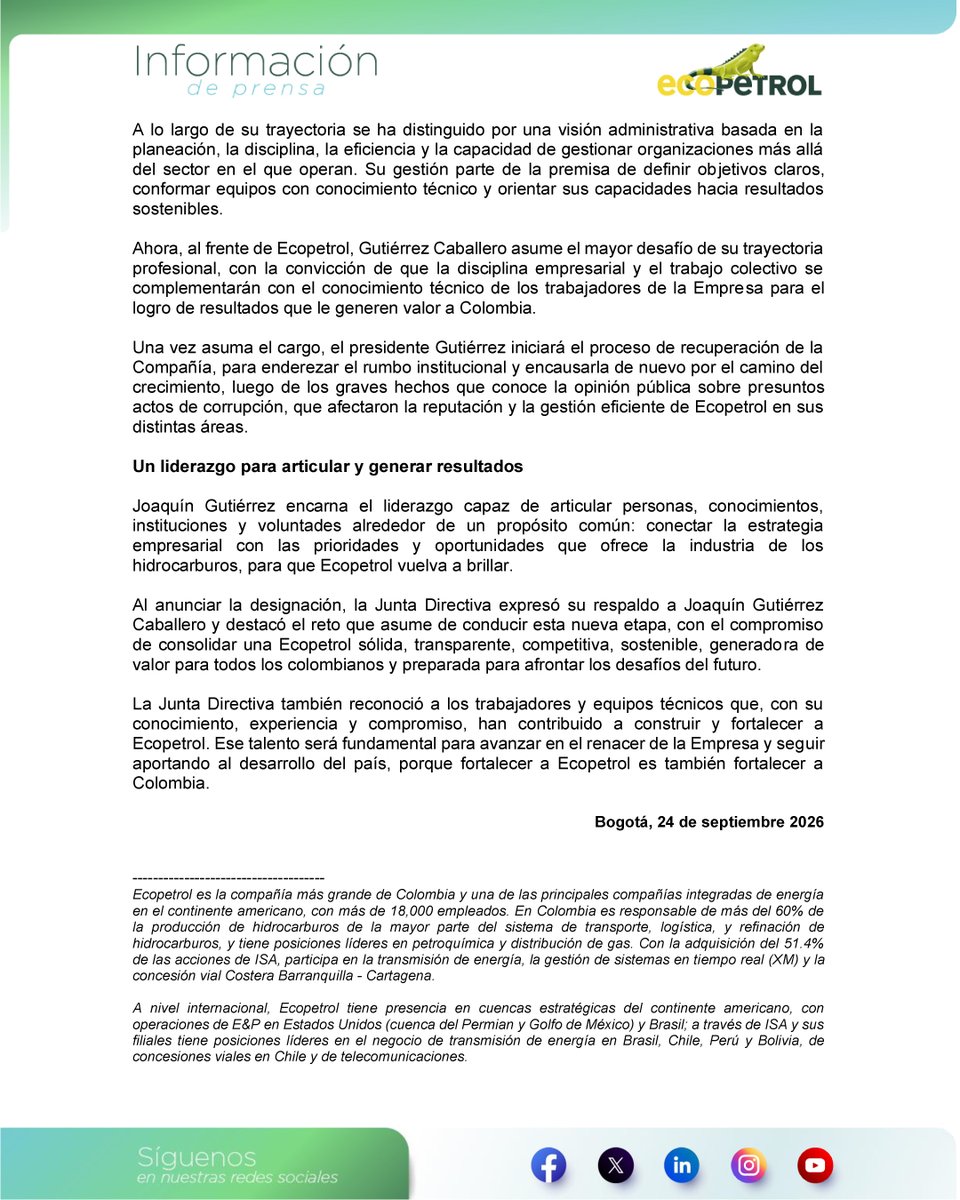 ECOPETROL_SA's tweet photo. La Junta Directiva de Ecopetrol, en su sesión del 24 de septiembre de 2026, designó a Joaquín Gutiérrez como nuevo presidente de Ecopetrol a partir del 28 de septiembre. https://t.co/1pl3xeqQlp