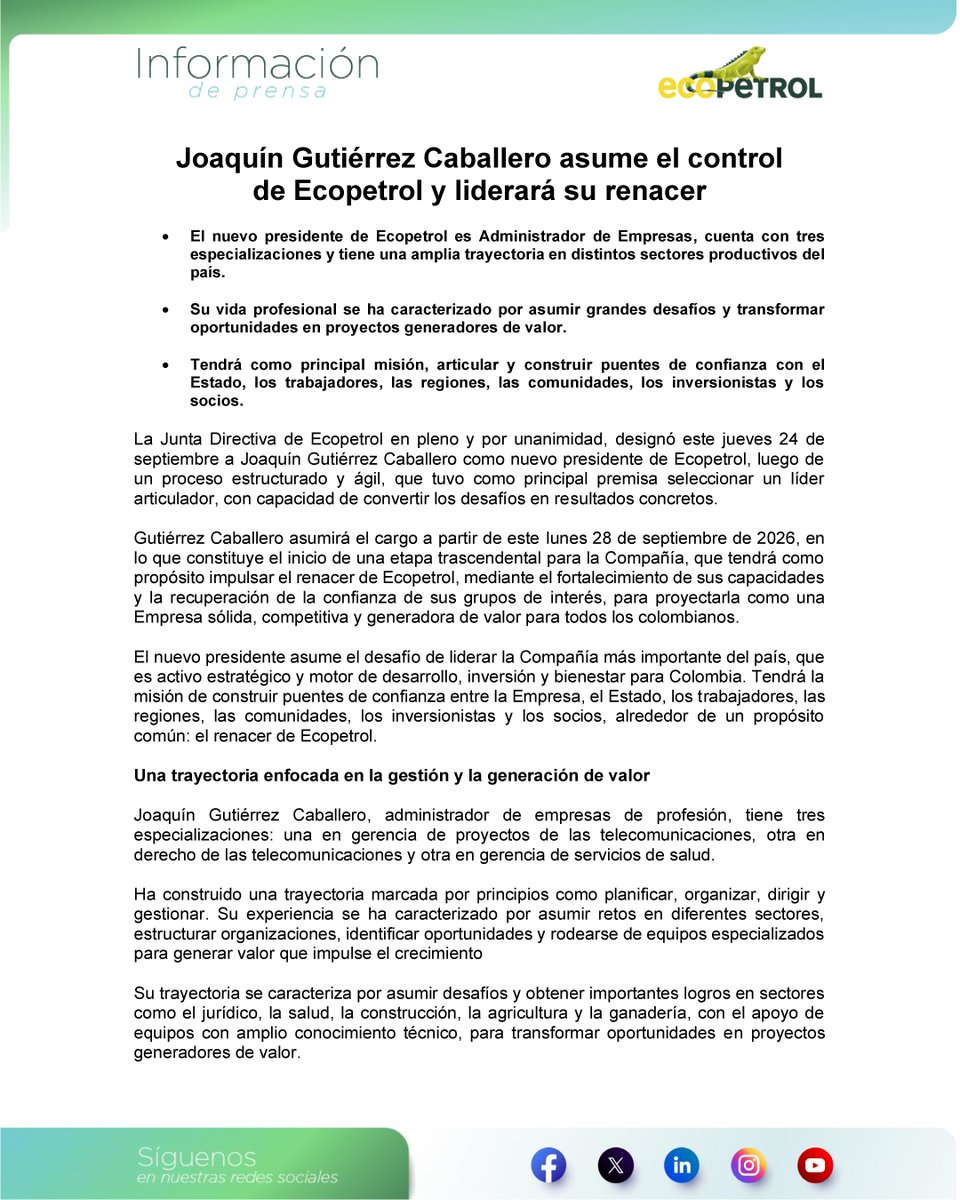 ECOPETROL_SA's tweet photo. La Junta Directiva de Ecopetrol, en su sesión del 24 de septiembre de 2026, designó a Joaquín Gutiérrez como nuevo presidente de Ecopetrol a partir del 28 de septiembre. https://t.co/1pl3xeqQlp