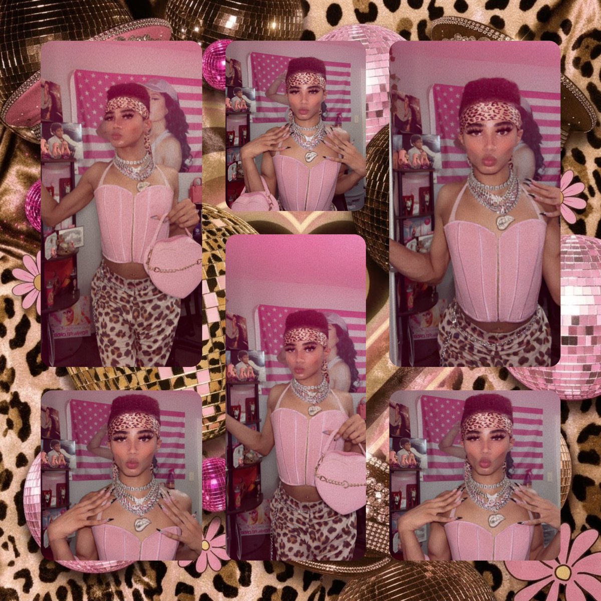 NikoliusJackson's tweet photo. Soft pink glam with a wild cheetah print pulse💗🐆 
70s groove meets 80s dance floor magic🕺🏽🪩 
layered in heavy custom ice 
pink corset vibes
and pure retro sparkle.🎀💄🎶
#70sVibes #80sStyle #RetroGlam #CheetahPrint #PrettyInPink🎀 https://t.co/6GSZFQjvUP