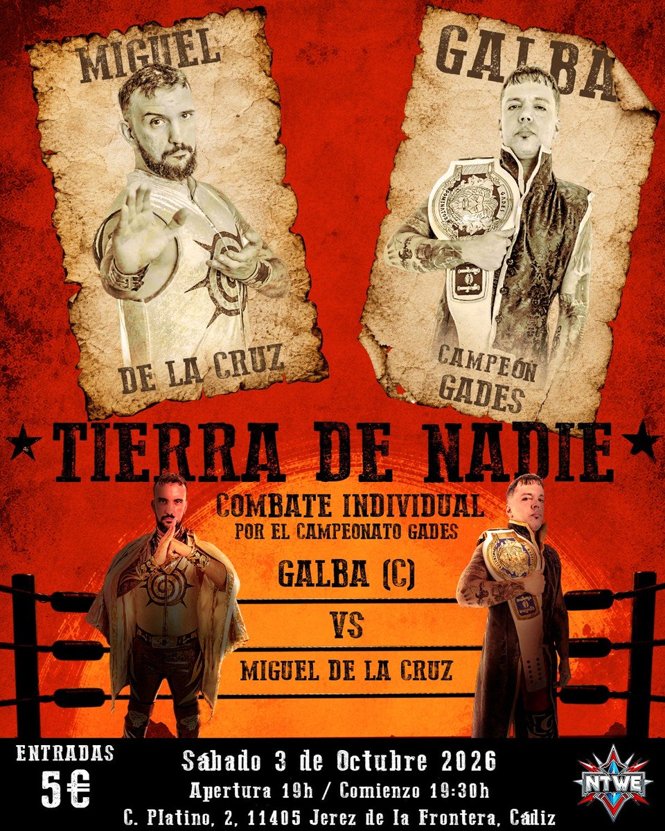 NTWE_WRESTLING's tweet photo. ☠️ TIERRA DE NADIE ☠️

El oro de Gades está en juego, y el campeón lo defenderá para seguir con el nuevo imperio

GALBA (C) ✋🏻 VS. MIGUEL DE LA CRUZ ✖️
COMBATE INDIVIDUAL
TÍTULO GADES EN JUEGO https://t.co/fHhPRVuUZz