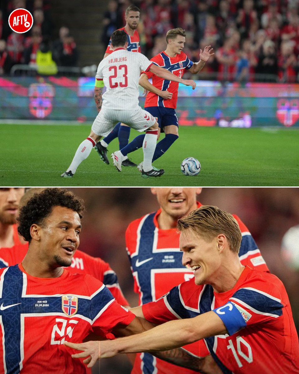 AFTVMedia's tweet photo. 📷 Martin Odegaard played the full 90 minutes, recorded the most touches (107), assisted two goals, and earned an 8.6 rating (2nd-highest) in Norway’s 3-2 win over Denmark. 👏 https://t.co/vHtBHWasdN