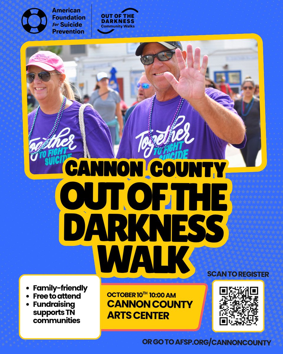 AFSPTN's tweet photo. Our next walk is October 10th in Woodbury, TN. Suicide rates are higher in rural communities, so showing your support in Cannon County is particularly impactful. Register or donate today at https://t.co/CtKahE5ENI. https://t.co/5pTF82j8GW