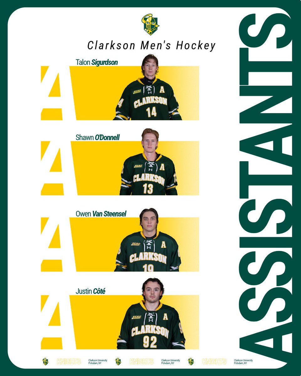 ClarksonMHockey's tweet photo. THE A’S ARE IN. 🟢🟡
Meet the 2026–27 Clarkson Men’s Hockey alternate captains:
14 | Talor Sigurdson
13 | Shawn O’Donnell
19 | Owen Van Steensel
92 | Justin Côté
#letsgotech | #goldenknights https://t.co/cMnuFUgMnE