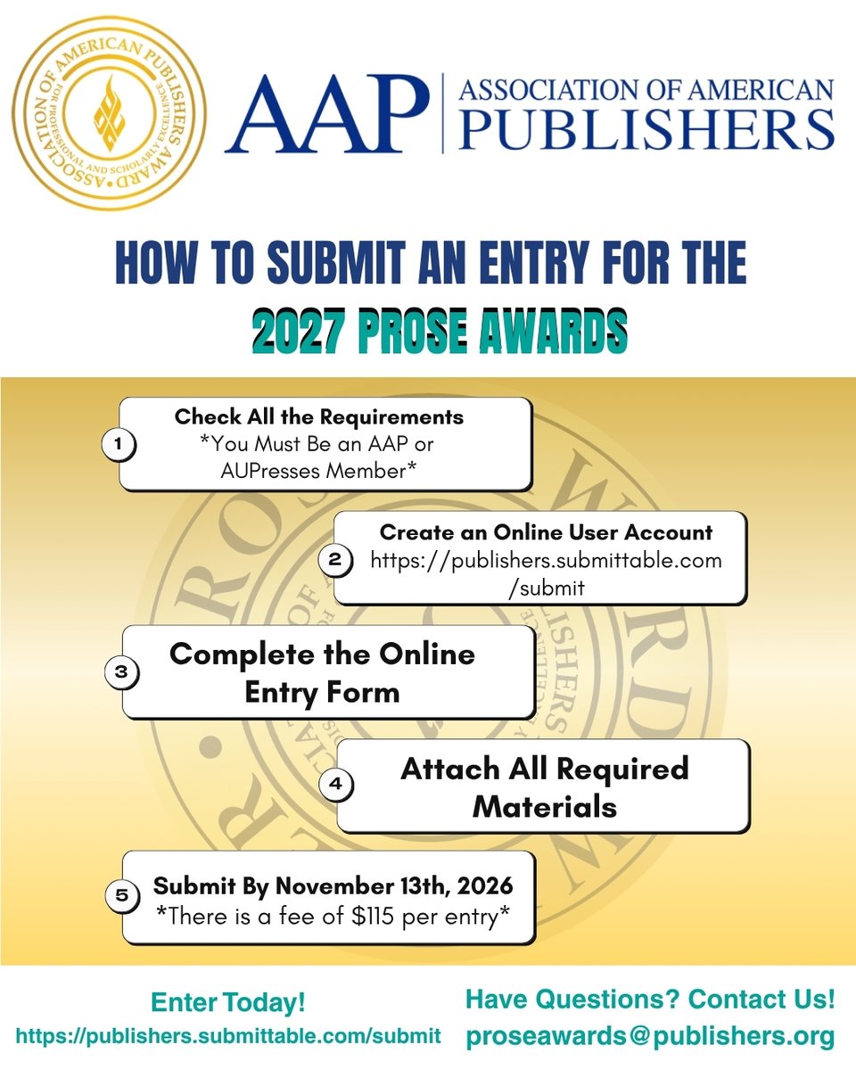 AmericanPublish's tweet photo. ICYMI: Entries for the 2027 #PROSEAwards are open! Be sure to follow the guidelines and submit by November 13th at https://t.co/w2SmCaah94. https://t.co/OHorlXwixF