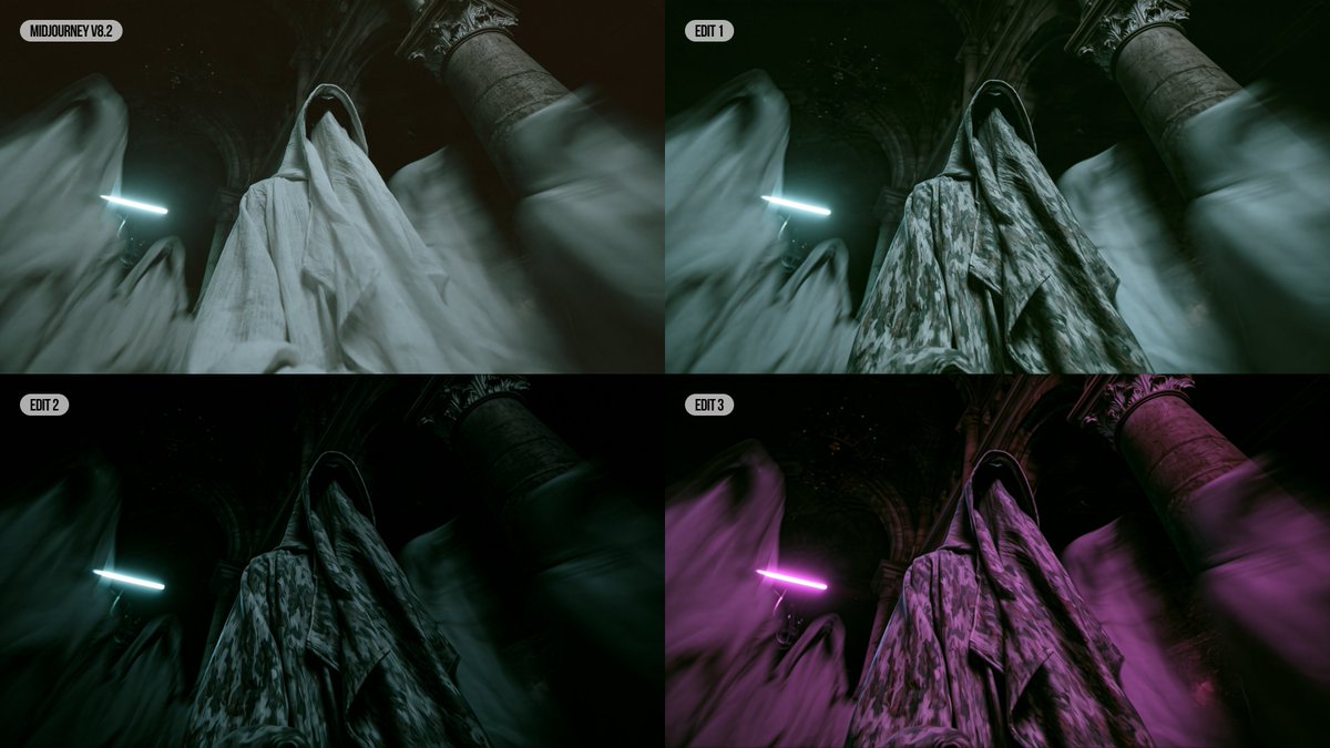 Three sequential edits to clothing and lighting