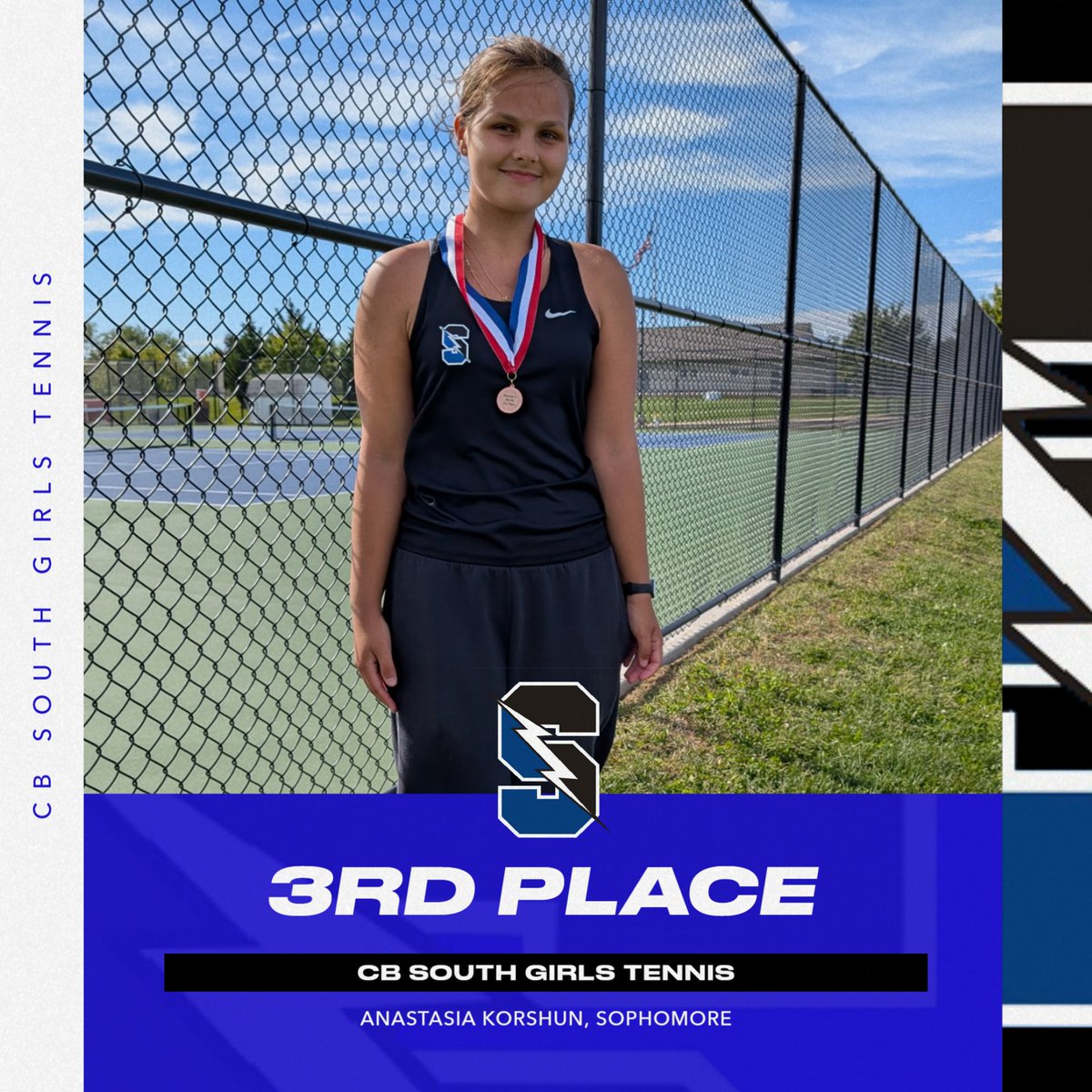 CBSouthTitans's tweet photo. Please join us in congratulating @CBSouthHS Girls Tennis Sophomore, Anastasia Korshun, who placed 3rd at the @SOLsports Girls Tennis Singles Tournament and has advanced to the @PIAASports District Tournament! #TitansWin #Believe #ROW #CBSouthAthletics https://t.co/0dFRfGMzYX