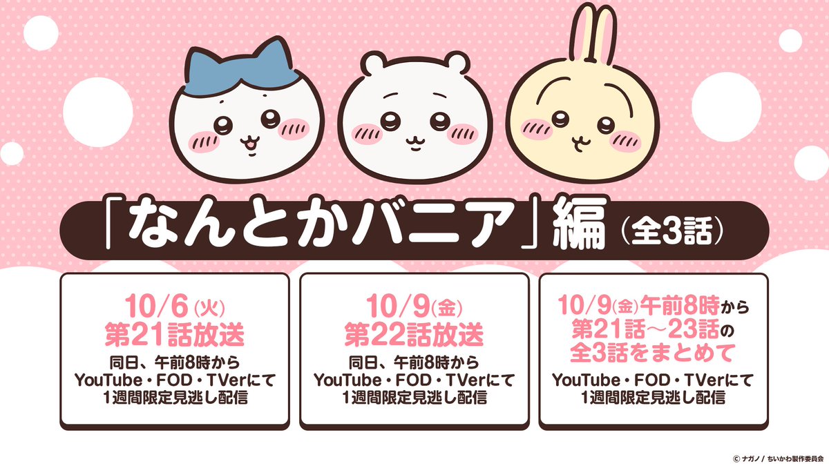 anime_chiikawa's tweet photo. ／
 #アニメちいかわ 
10月2日(金)からリバイバル放送が決定✨
 ＼

地上波×配信で人気のシリーズ回を
一気にお楽しみいただけます🌼
※新作アニメの放送再開は2027年1月を予定しています。

▼詳しくはこちら
https://t.co/6vLdfV8yYP

お楽しみに⭐️ https://t.co/FDAIdaYpo5