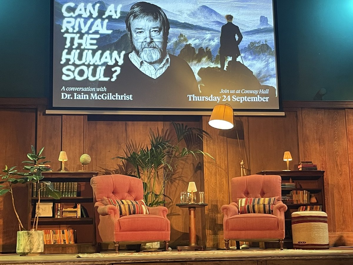 readalanread's tweet photo. 400 souls settled upon Conway Hall this evening to listen to Iain McGilchrist on that old AI and our reasons for hope. Late but not too late in the last human venue, we conceived a cypher so smart in its representative capacity, yet so banal in its intuition, we might feel again. https://t.co/Aw1qcSRPey