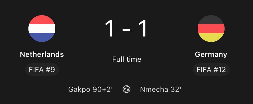 FootballXtraa__'s tweet photo. 🚨FT: 🇳🇱 NETHERLANDS 1:1 GERMANY 🇩🇪 

CODY GAKPO LATE EQUALIZER SECURES A POINT FOR THE HOSTS. https://t.co/JQVb902BIc