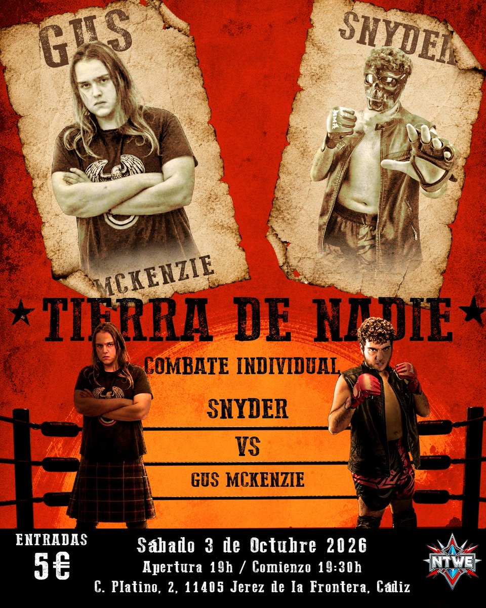 NTWE_WRESTLING's tweet photo. ☠️ TIERRA DE NADIE ☠️ 

Cerveza y cigarro en mano para luchar 🍺🚬

COMBATE INDIVIDUAL
GUS MCKENZIE 🚬 vs. SNYDER "EL EMPERADOR DE LA CALLE" 👊🏻

📆 SÁBADO 3 DE OCTUBRE 

🕡 APERTURA 19:00 H SHOW: 19:30 H

📍C/ PLATINO 2. JEREZ DE LA FRONTERA 

🎟️ ENTRADA 5€ https://t.co/Yfhl9L3Tie
