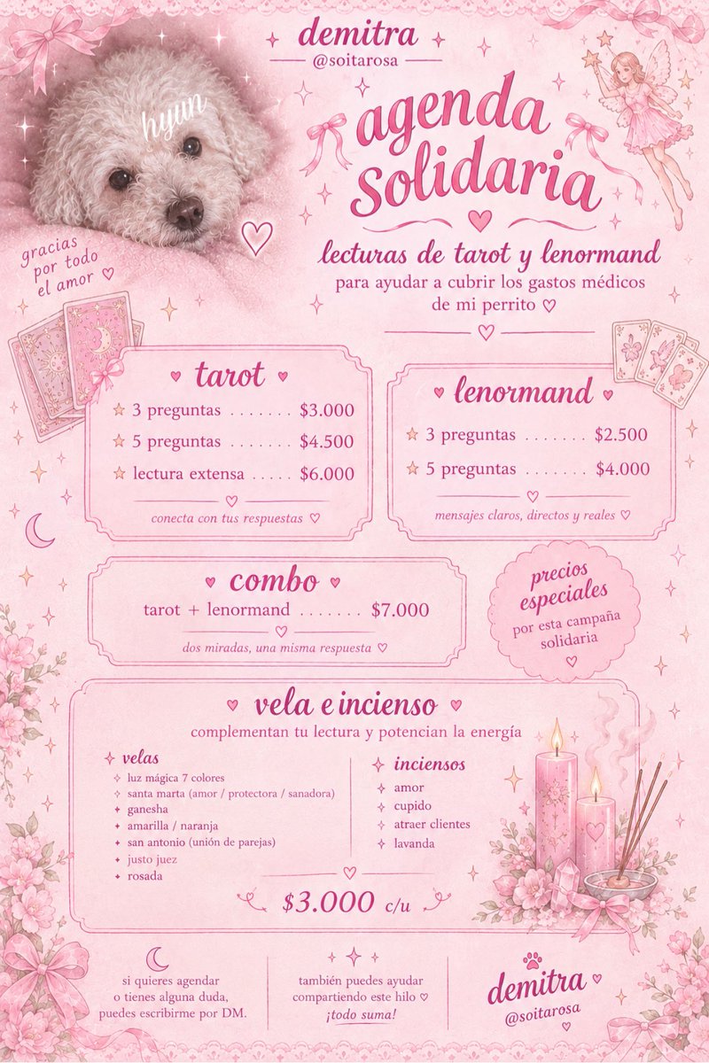 soitarosa's tweet photo. hoy abro una agenda especial para ayudar a cubrir los gastos médicos de mi perrito 🐾🎀 cada lectura que tomen durante esta promoción irá destinada a sus gastos médicos

(precios chilenos de referencia)

TAROT
୨୧ 3 preguntas — $3.000 
୨୧ 5 preguntas — $4.500
୨୧ lectura extensa — $6.000

𓆩 LENORMAND 𓆪
୨୧ 3 preguntas — $2.500
୨୧ 5 preguntas — $4.000

𓆩 COMBO 𓆪
tarot + lenormand — $7.000

vela e incienso — $3.000 c/u 

si no pueden agendar pero quieren ayudar compartiendo también me sirve muchísimo 🪷