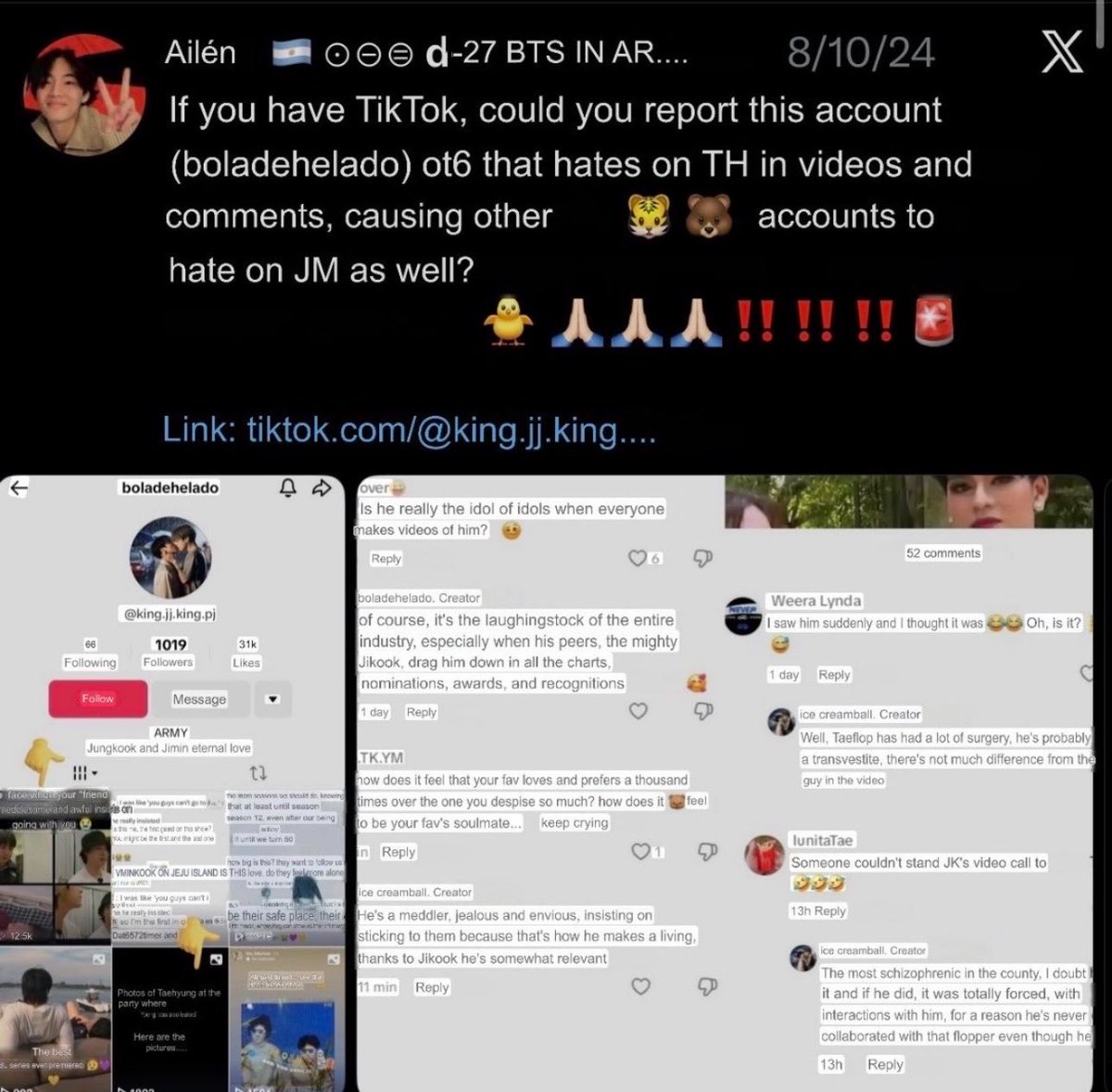 vkfvr's tweet photo. as jicucas mudando os fatos e dizendo que a conta que está ameaçando o taehyung é de uma tkka sendo que a conta vem sendo denunciada desde 2023. é sempre assim, sempre que trazemos pela tml as ameaças que elas fazem com ele, elas sempre distorcem pra se fazerem de vítimas https://t.co/m1tvefCQD9
