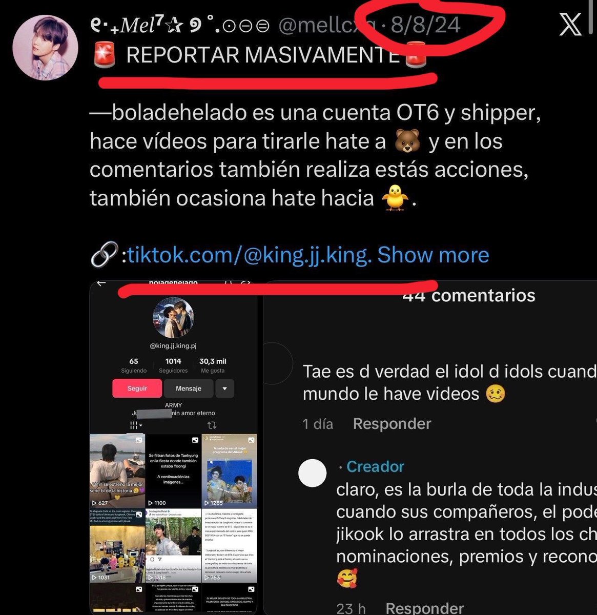 vkfvr's tweet photo. as jicucas mudando os fatos e dizendo que a conta que está ameaçando o taehyung é de uma tkka sendo que a conta vem sendo denunciada desde 2023. é sempre assim, sempre que trazemos pela tml as ameaças que elas fazem com ele, elas sempre distorcem pra se fazerem de vítimas https://t.co/m1tvefCQD9