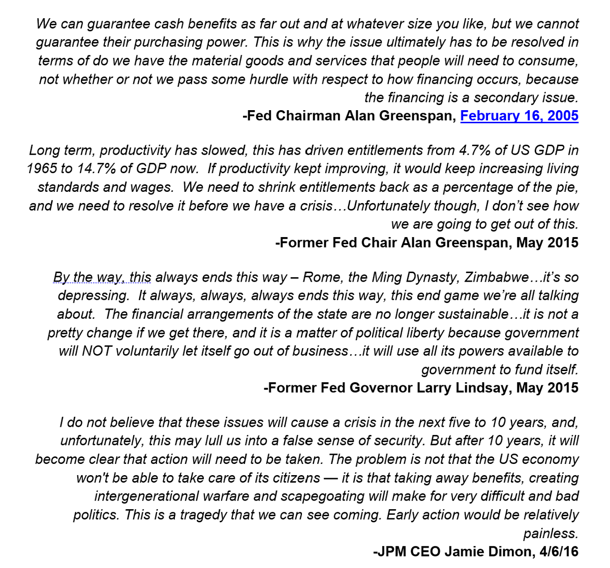 LukeGromen's tweet photo. If only we could ask Alan Greenspan about how to deal with this debt problem.

Oh wait, Greenspan warned about this 20 years ago &amp; 10 years ago, concluding, "Unfortunately, I don't see how we're going to get out of this before we have a crisis."

PS: Jamie Dimon agreed with him👇 https://t.co/TQtq61YSba