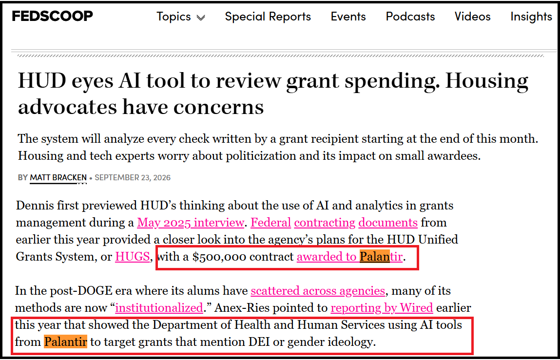 Bearlovesbull's tweet photo. 🚨 $PLTR: $500K CONTRACT. $77B WORKFLOW. THAT’S WHY I’M WATCHING PALANTIR

So, HUD is rolling out an AI system to review how grant money is actually being spent. 

We’re talking checks, invoices, contracts, all of it. HUD sends out around $77B a year, so even getting better visibility into a small part of that is a huge deal. $PLTR is an integral part of this.

FedScoop says Palantir got a $500K contract for HUD’s Unified Grants System and HUD is now moving ahead with the backend and rollout.

The focus is that Palantir is getting attached to the system that helps HUD understand where federal money is going and what looks off.

If this works, HUD can basically show other agencies,  how they would use AI to track grant spending better.  HUD officials are already talking to other agencies about it.

One small contract can turn into a repeatable government use case. Same problem, different agency, much bigger budget.

And once Palantir becomes part of how agencies inspect spending, flag anomalies and review where money is going, then this is leads to stickiness. The word that I really admire when I think of $PLTR.