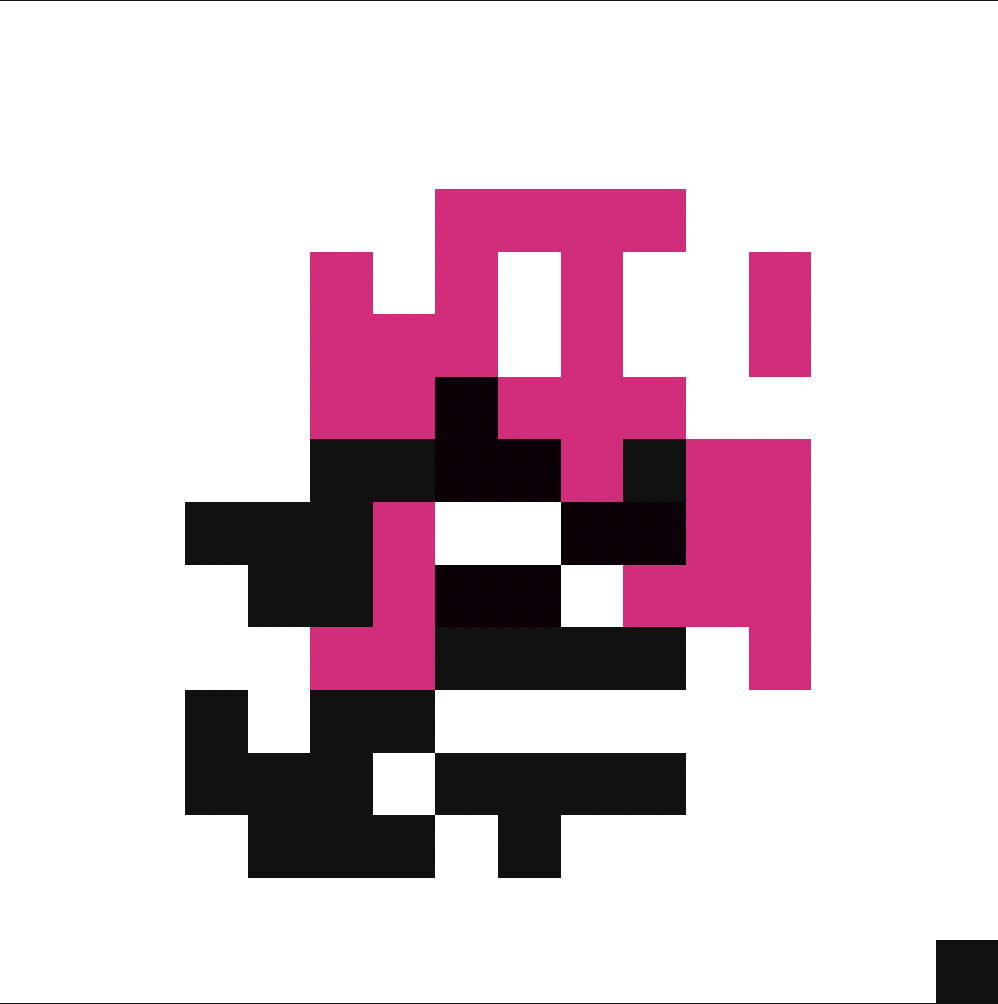 EasusJ's tweet photo. Credit #114072: “The Loose Glyph”

A misregistered Constructivist glyph rendered in magenta and black. Its dense central mark sits inside an unusually large white field, while a single black pixel breaks away like punctuation or a signal escaping its grid.

The composition’s defining Loose print trait appears in only about 0.8% of Credits. Combined with its uncommon 71-bit density, the same qualities that make the work visually distinctive also cause it to rise substantially under Jack Butcher’s proposed logarithmic rarity model.

It occupies a compelling space between Suprematist geometry, offset-print misregistration and early bitmap typography: less a picture than an invented symbol caught in the act of coming apart.