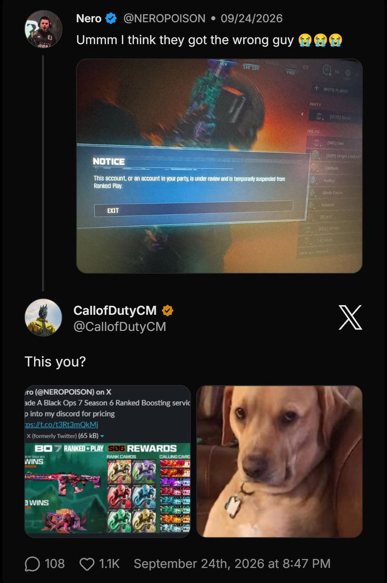 SpawnUpgg's tweet photo. Call of Duty responds to Nero after he asked to have his account unbanned 😭 https://t.co/alFICOMLvZ